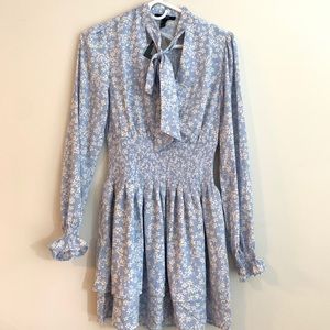Light blue floral v-neck dress with neck tie